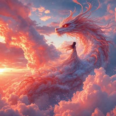 The primary subject of the image is a woman standing on the back of a dragon. The dragon is a large, white, and pink creature, and the woman appears to be riding it. The setting is a cloudy sky, which adds to the overall atmosphere of the scene. The visual style of the image is digital art, as it is a detailed and intricate illustration. The dominant colors in the image are pink and white, giving the scene a whimsical and fantastical feel.